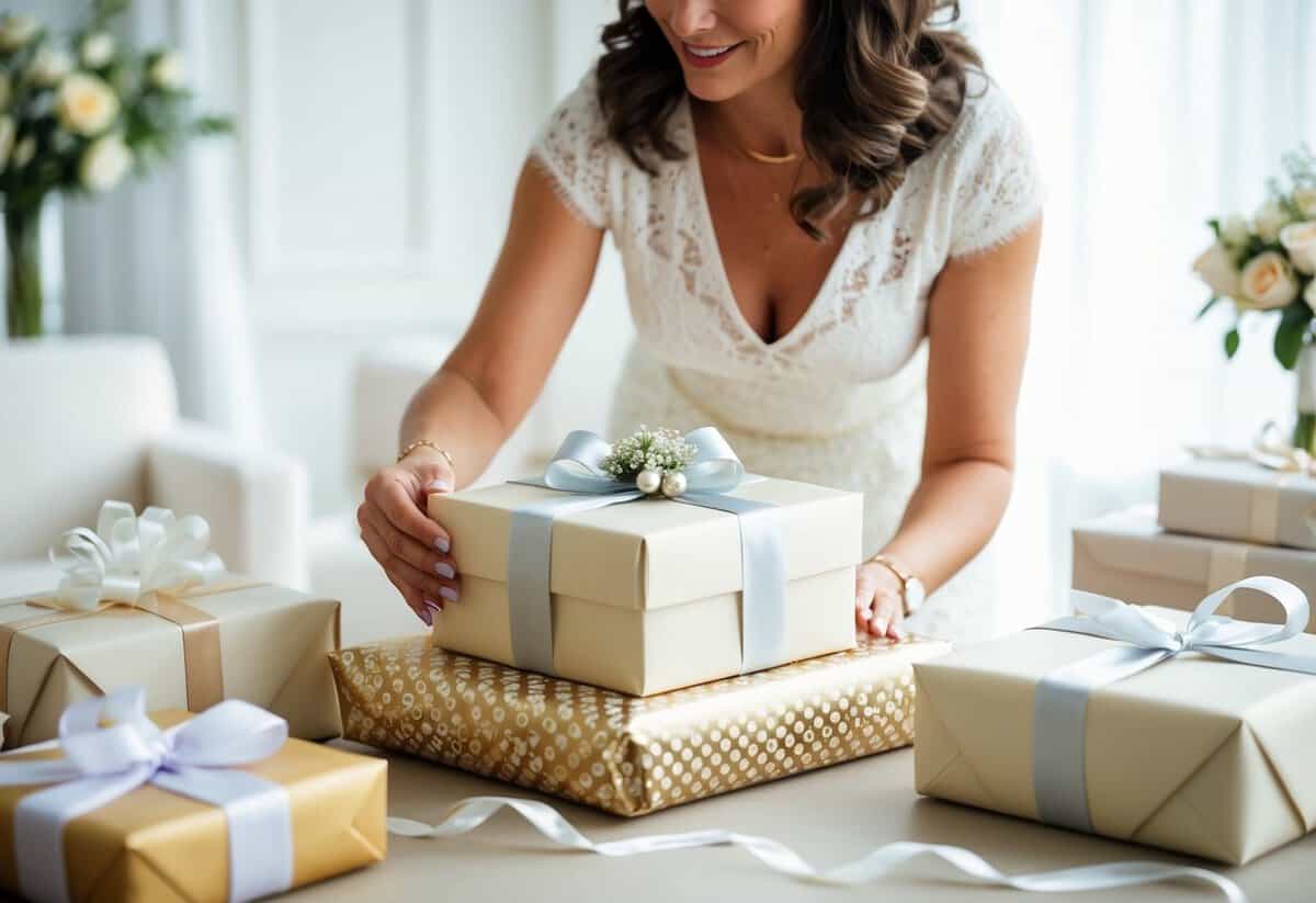 A mother carefully selects a meaningful wedding gift, surrounded by elegant wrapping paper and delicate ribbons