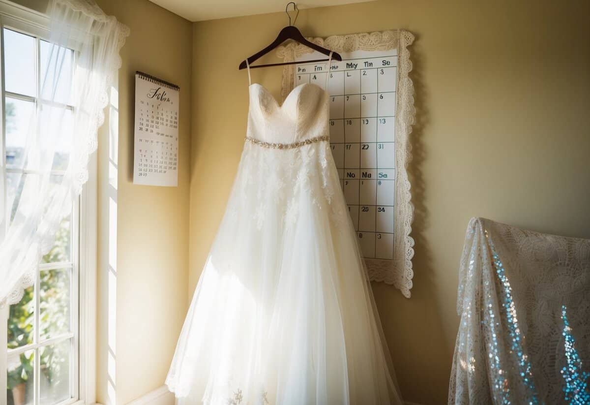 The bride's dress hangs in a sunlit room, surrounded by delicate lace and shimmering fabric. A calendar on the wall shows the date of the upcoming wedding