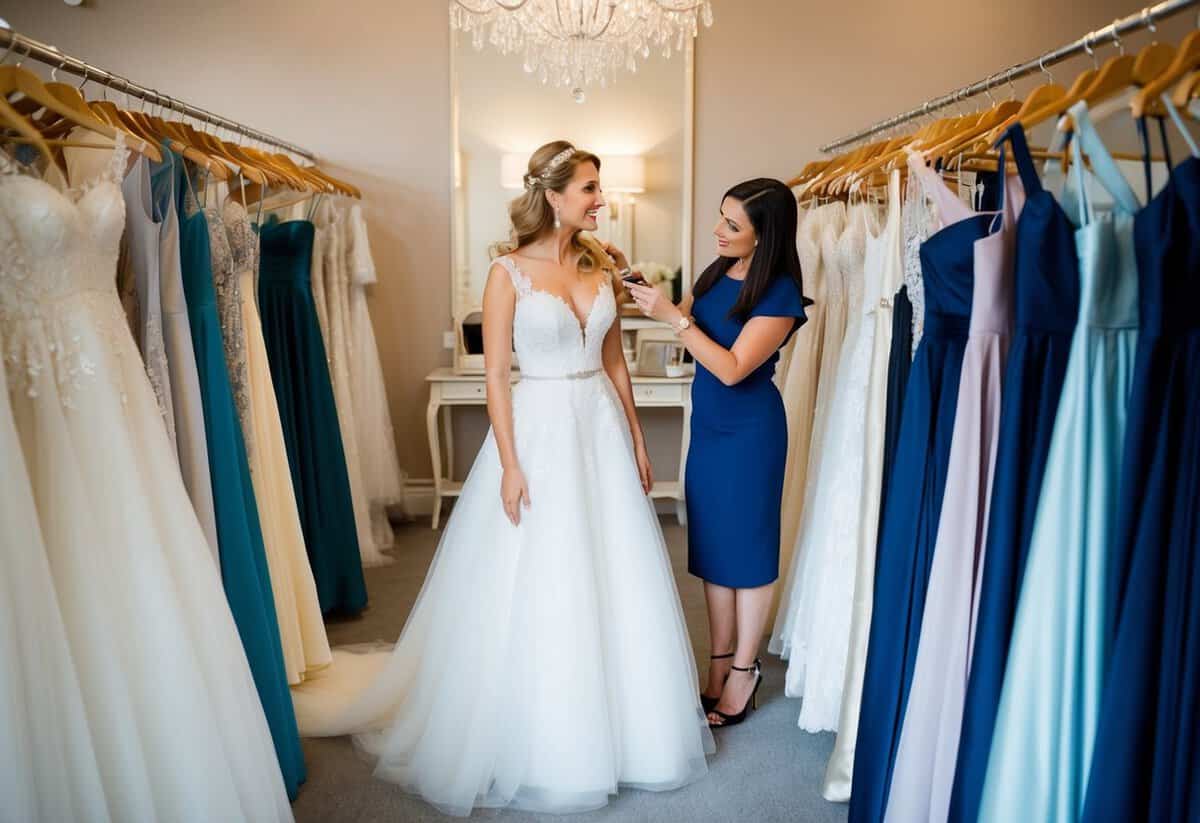 A bride standing in a bridal boutique, surrounded by racks of wedding dresses, while a consultant measures her and discusses timelines