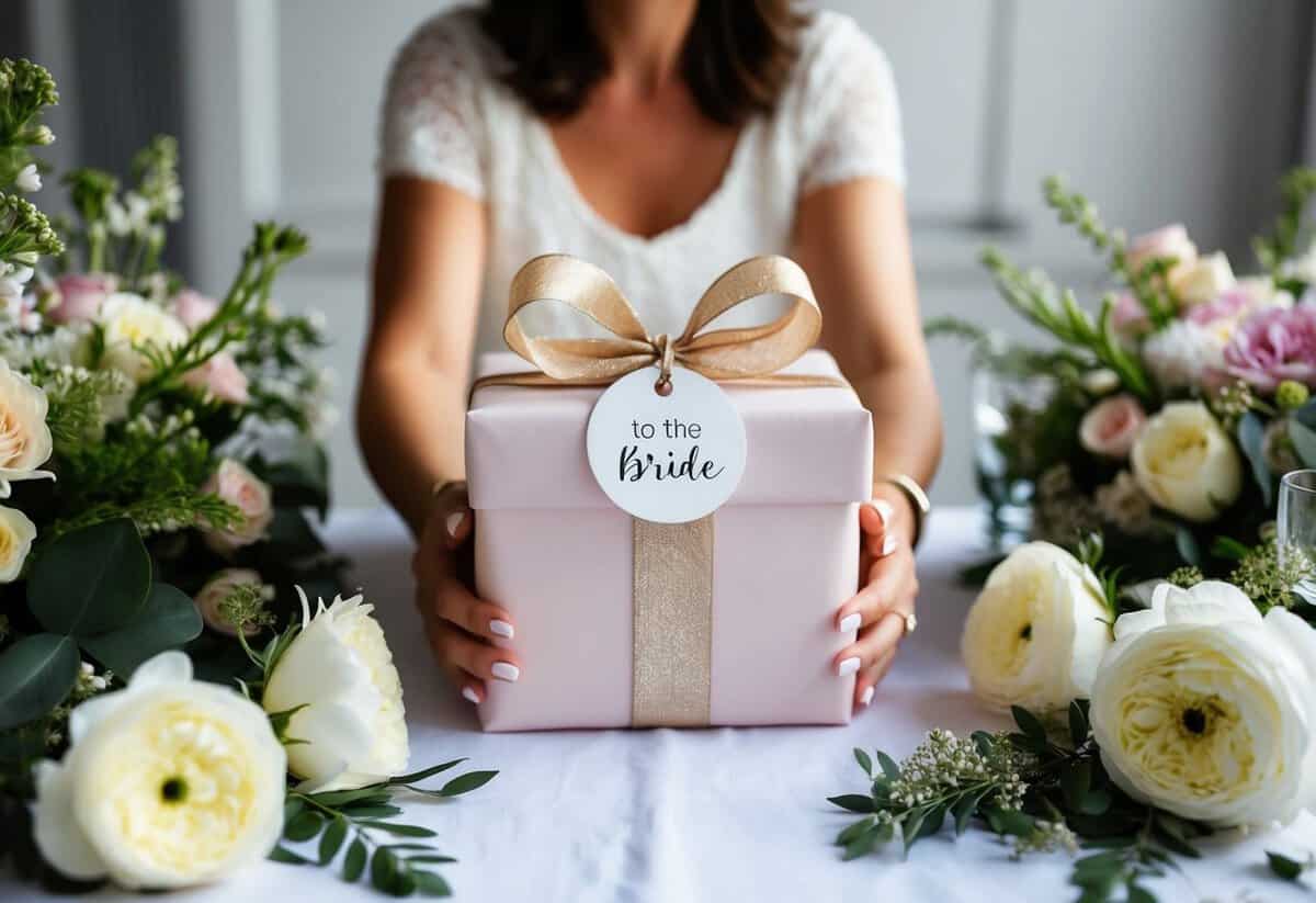 A mother holding a beautifully wrapped wedding gift with a tag that reads "To the Bride" surrounded by flowers and wedding decorations