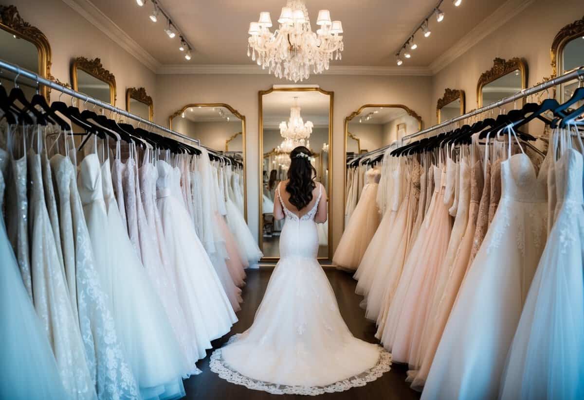 A bride-to-be browsing through racks of wedding dresses in a spacious and elegant bridal boutique, surrounded by mirrors and soft lighting