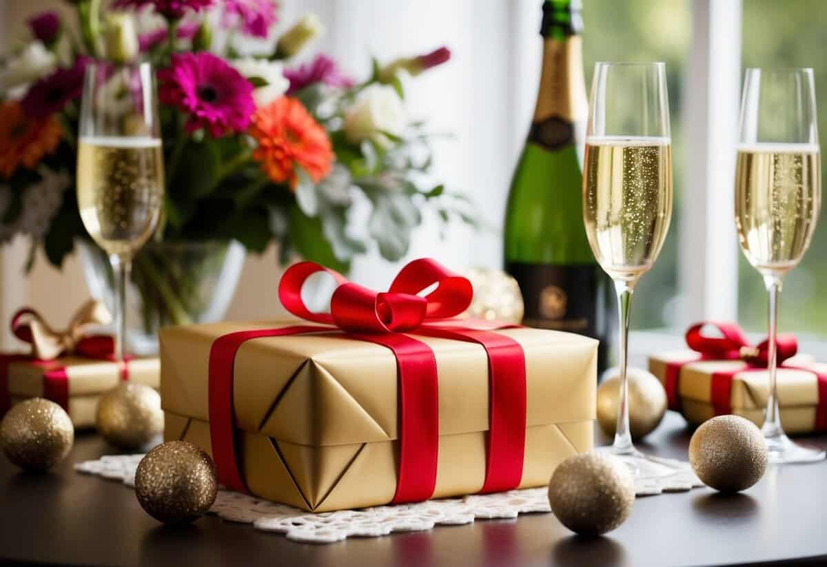 A beautifully wrapped gift sits on a table surrounded by flowers and champagne glasses. Ribbons and bows add a festive touch to the elegant setting