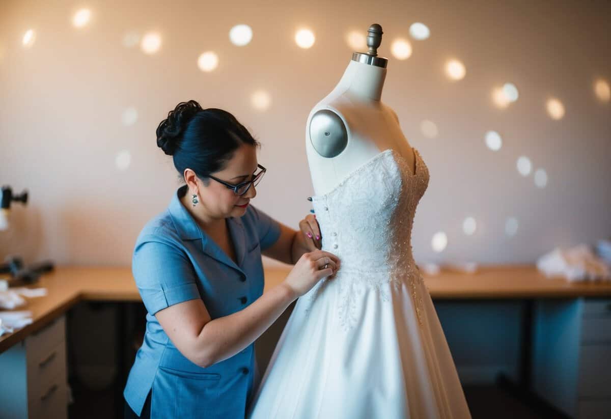 A seamstress carefully pinning and adjusting a wedding dress on a mannequin