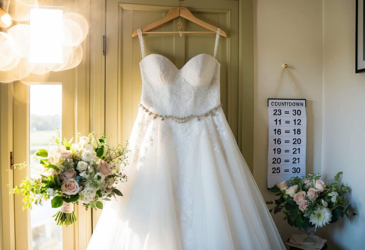 A bridal gown hanging in a sunlit room, surrounded by delicate jewelry and a bouquet of flowers, with a countdown calendar showing the wedding date