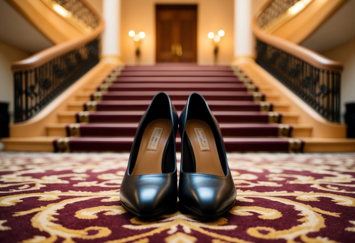 A pair of elegant black shoes placed on a luxurious carpet in front of a grand staircase, with soft lighting casting a warm glow on the scene