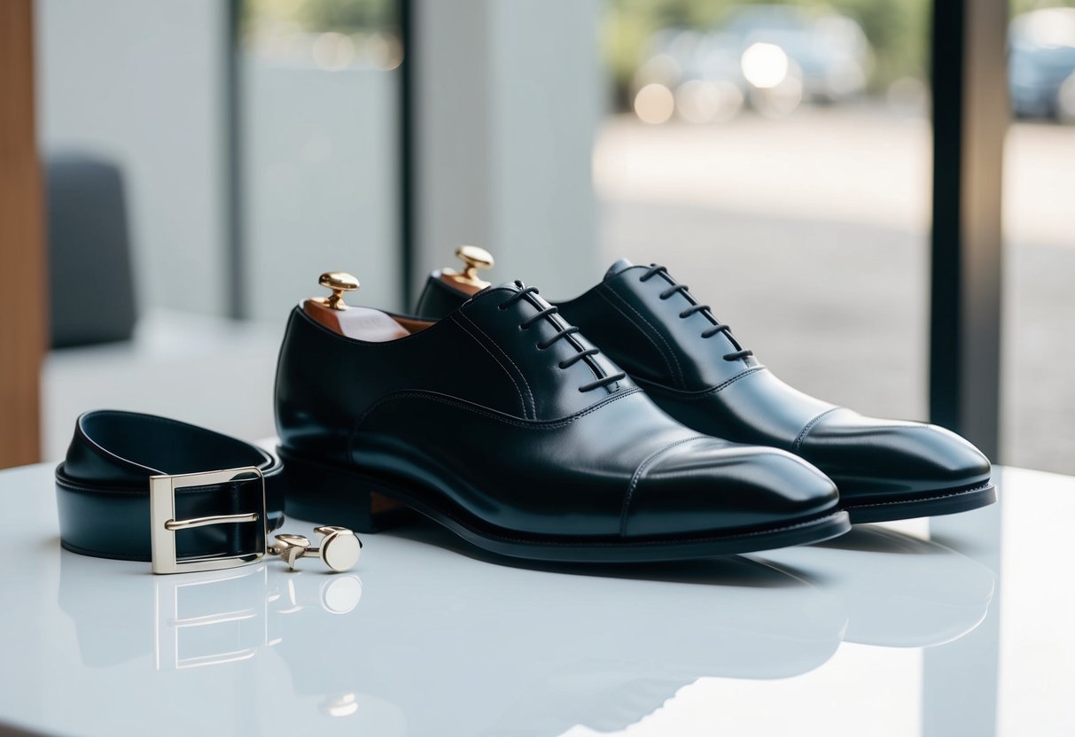 A pair of polished black leather Oxford shoes placed next to a matching belt and cufflinks on a clean, white surface