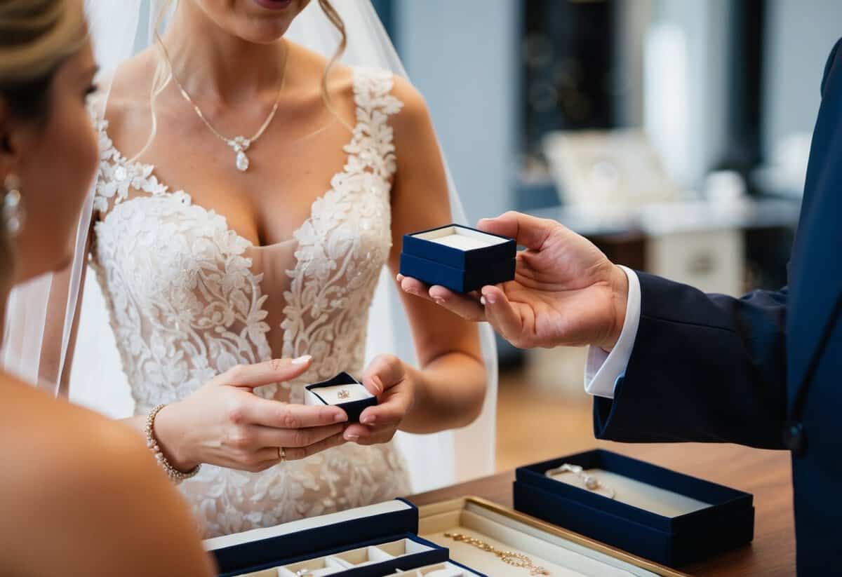 A bride hands over a small box to a jeweler