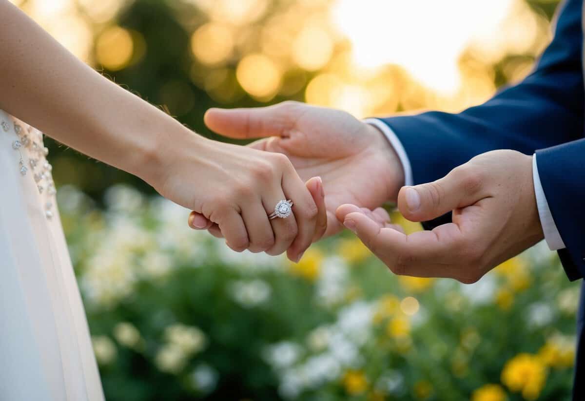 A woman's hand holding a wedding ring, while a man's hand presents a different ring