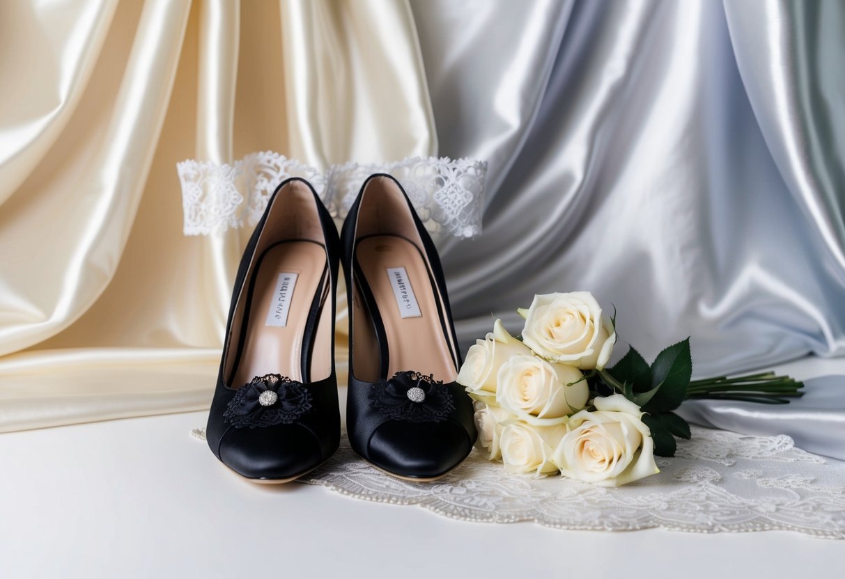 A pair of elegant black shoes placed next to a delicate lace garter and a small bouquet of white roses, all set against a backdrop of flowing fabric in shades of ivory and silver