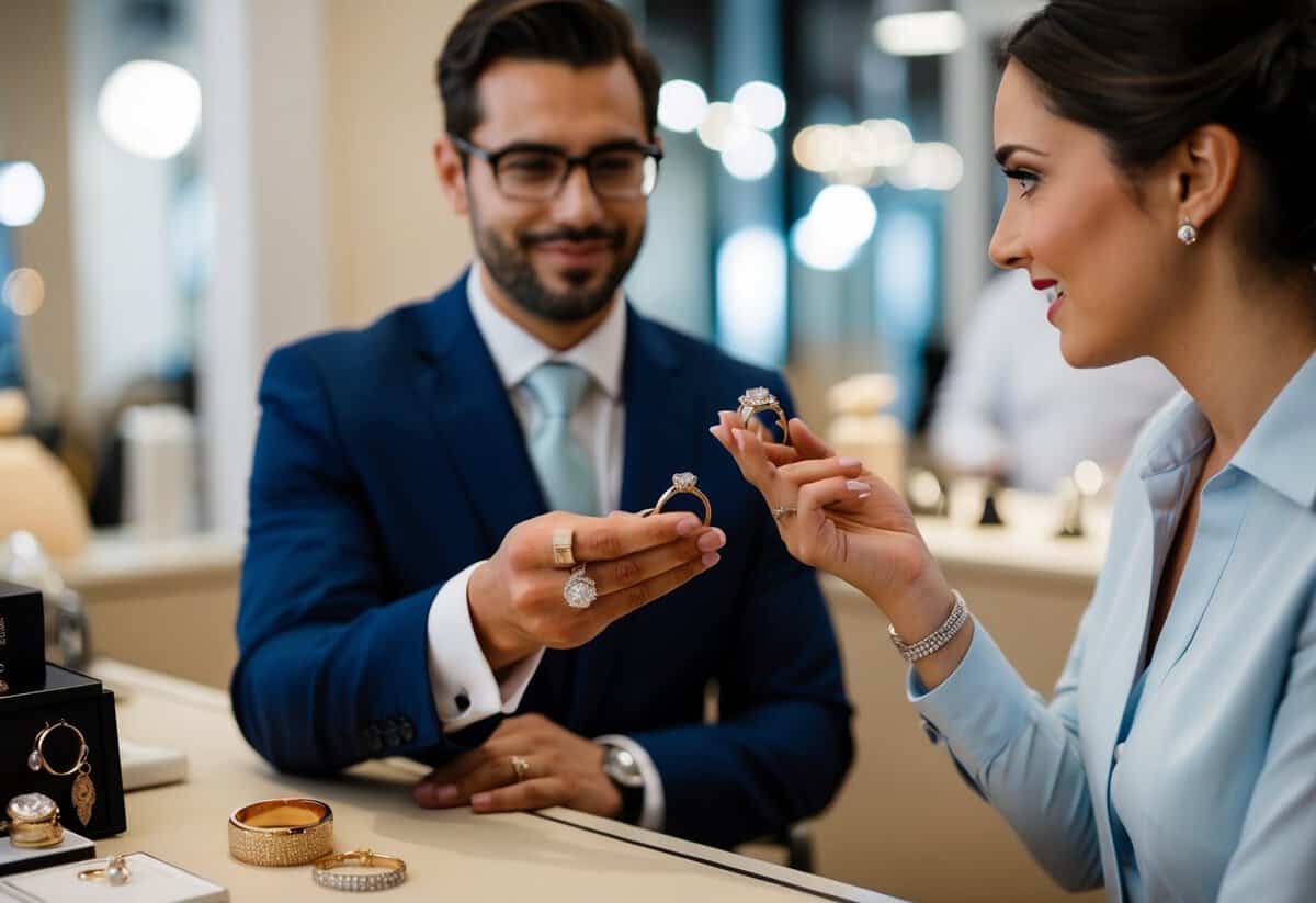 A woman holds two rings, one for the groom. A jeweler looks on, awaiting her decision