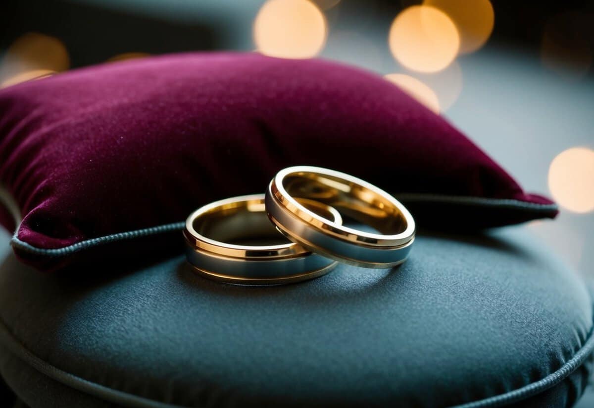 A pair of interlocking rings on a velvet cushion