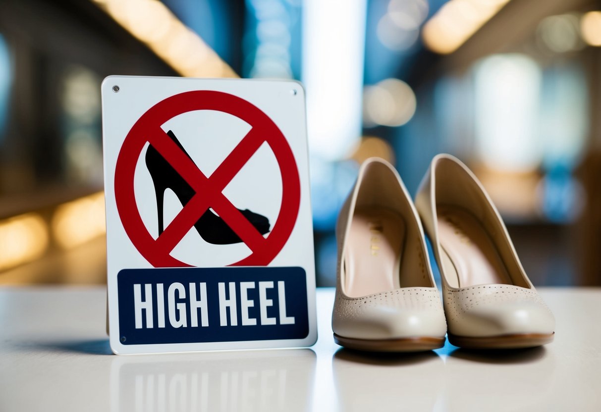 A sign with a crossed out high heel next to a pair of comfortable shoes