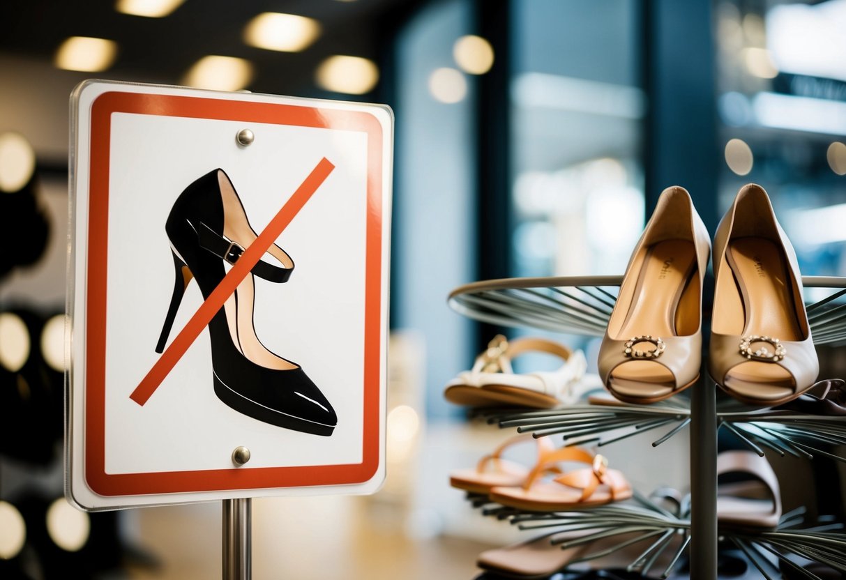 A sign with a crossed-out high heel next to a shoe rack with flats and sandals