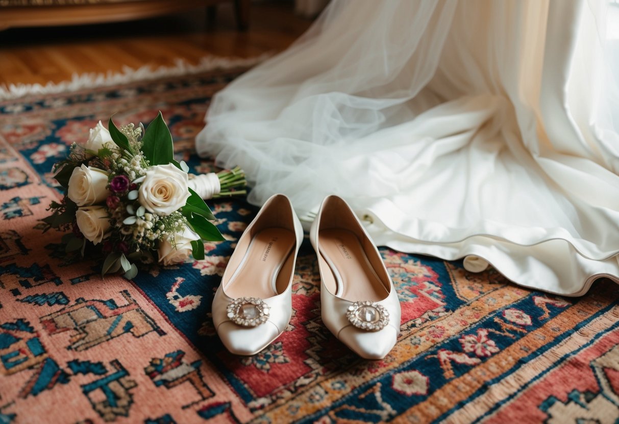 A pair of elegant flats placed next to a bride's gown and bouquet on a vintage rug in a sunlit room