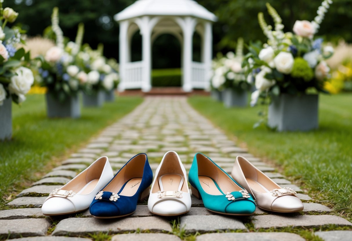 A garden wedding with a mix of elegant flats and sandals on a cobblestone path. Floral arrangements and a white gazebo in the background