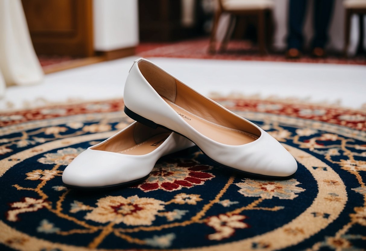 A pair of elegant flats or stylish sneakers displayed on a decorative rug at a wedding venue