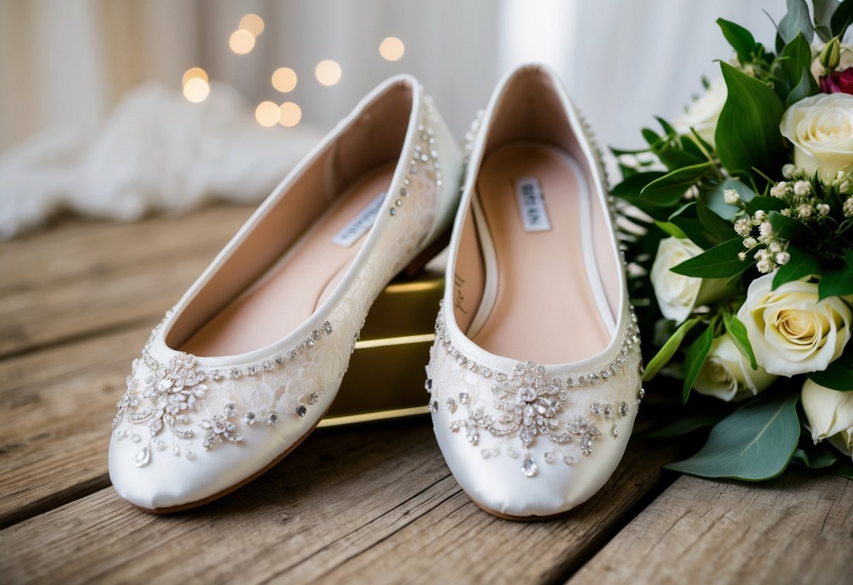 A pair of elegant and comfortable ballet flats adorned with delicate lace and shimmering embellishments, placed next to a wedding bouquet