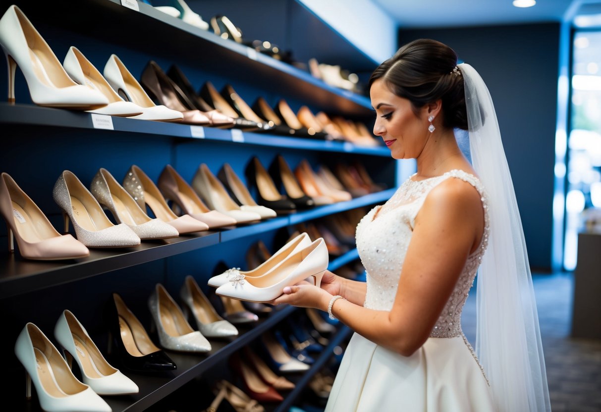 A bride browsing through a variety of wedding shoes displayed on a shelf in a shoe store