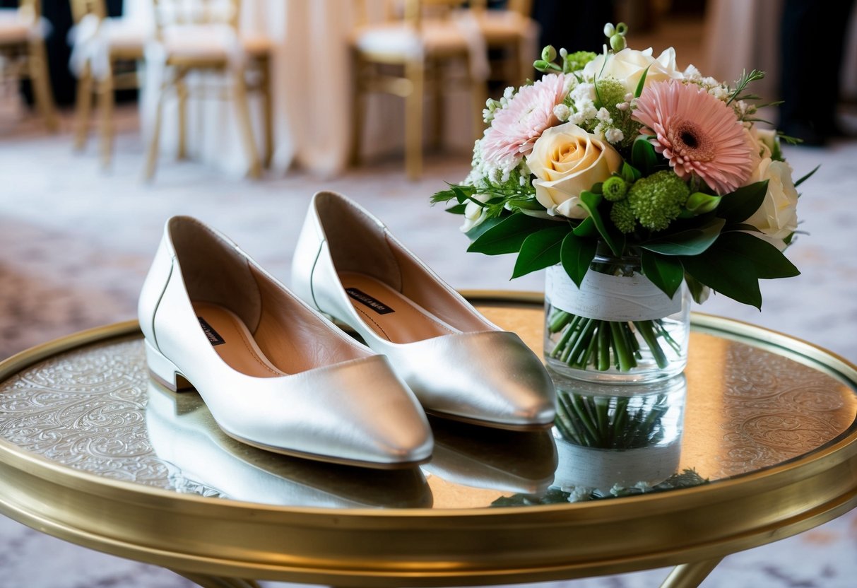 A pair of elegant flat shoes placed next to a bouquet of flowers on a decorative table at a wedding venue