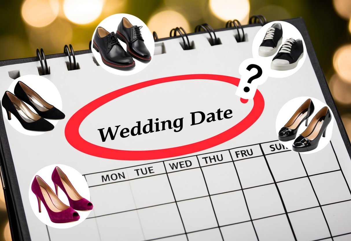 A calendar with a wedding date circled in red, surrounded by images of different styles of shoes, with a question mark hovering over the date