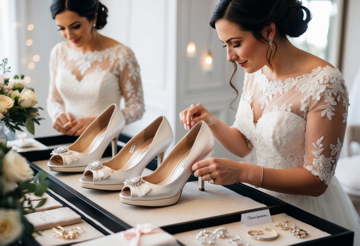 A bride-to-be carefully selects her wedding shoes from a display of elegant options, surrounded by accessories and personalization options