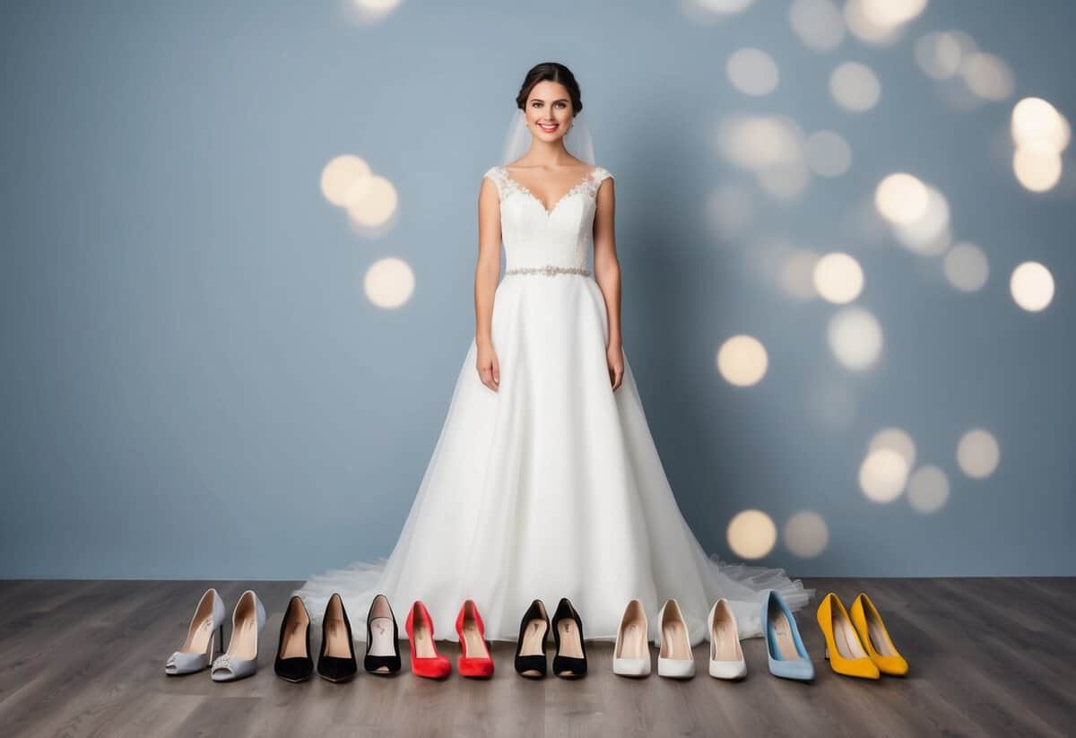 A bride standing in a wedding dress, surrounded by various shoe options including heels and flats