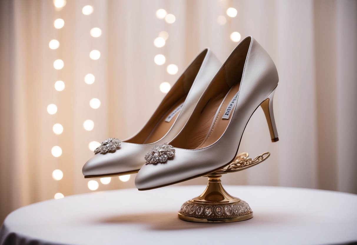 A pair of elegant wedding shoes with a moderate heel height displayed on a decorative stand against a backdrop of soft, romantic lighting