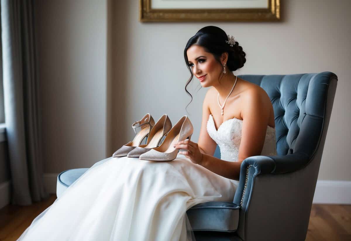 A bride sitting on a plush chair, trying on different pairs of shoes, with a thoughtful expression on her face