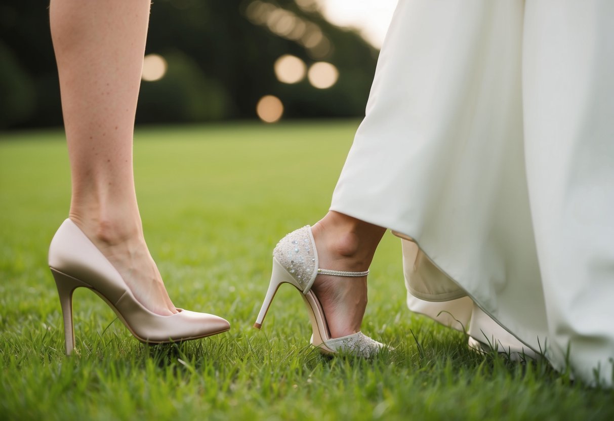 A bride's high heel sinks into grass at an outdoor wedding, while a low heel remains stable on the ground