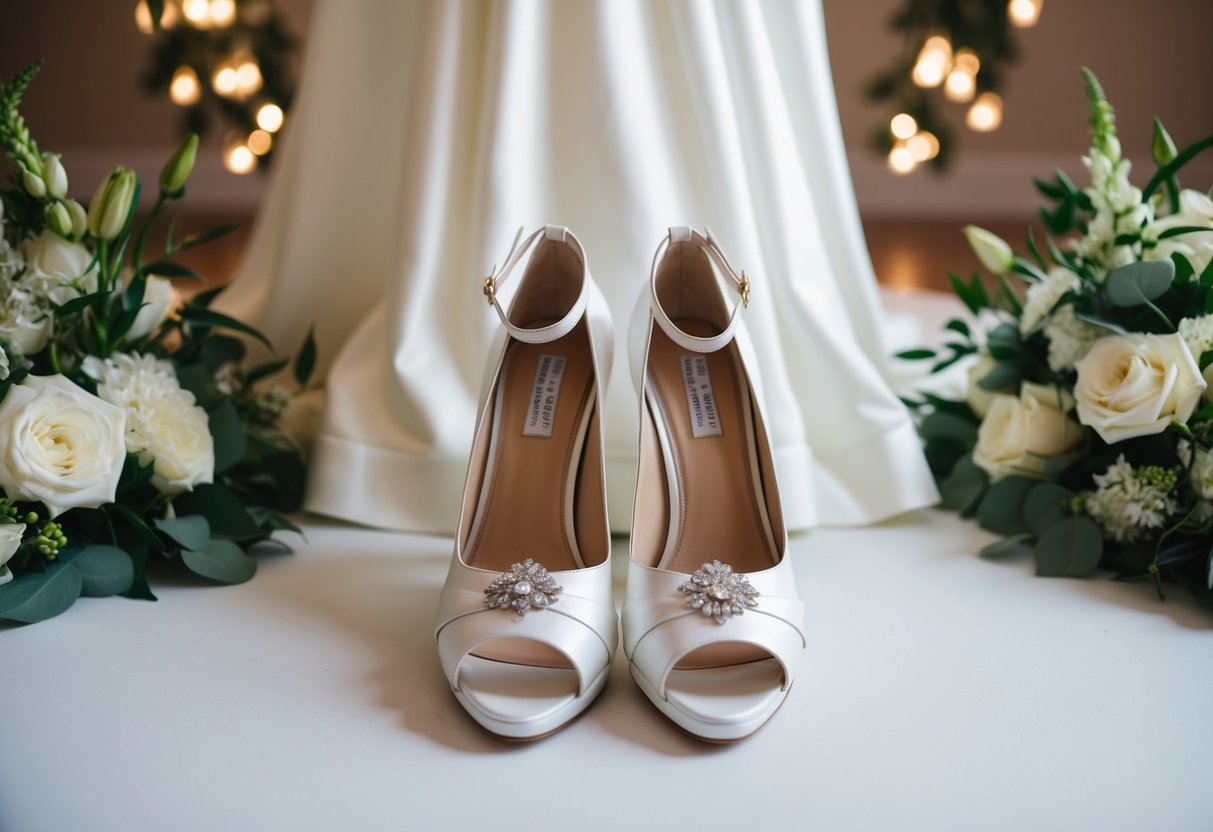 A bride's white wedding dress and matching shoes with a mid-height heel, surrounded by floral decorations and soft lighting