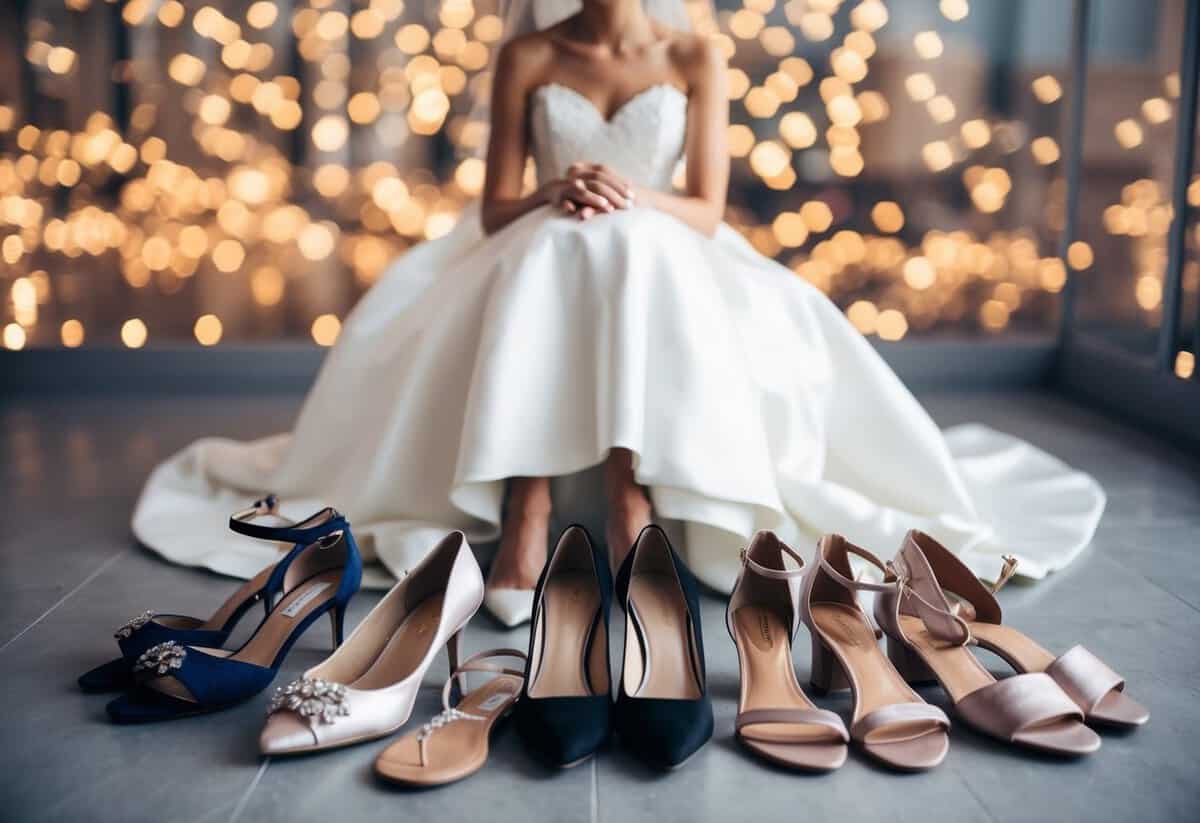 A bride sits surrounded by various shoe options, including heels, flats, and sandals, while contemplating her wedding dress