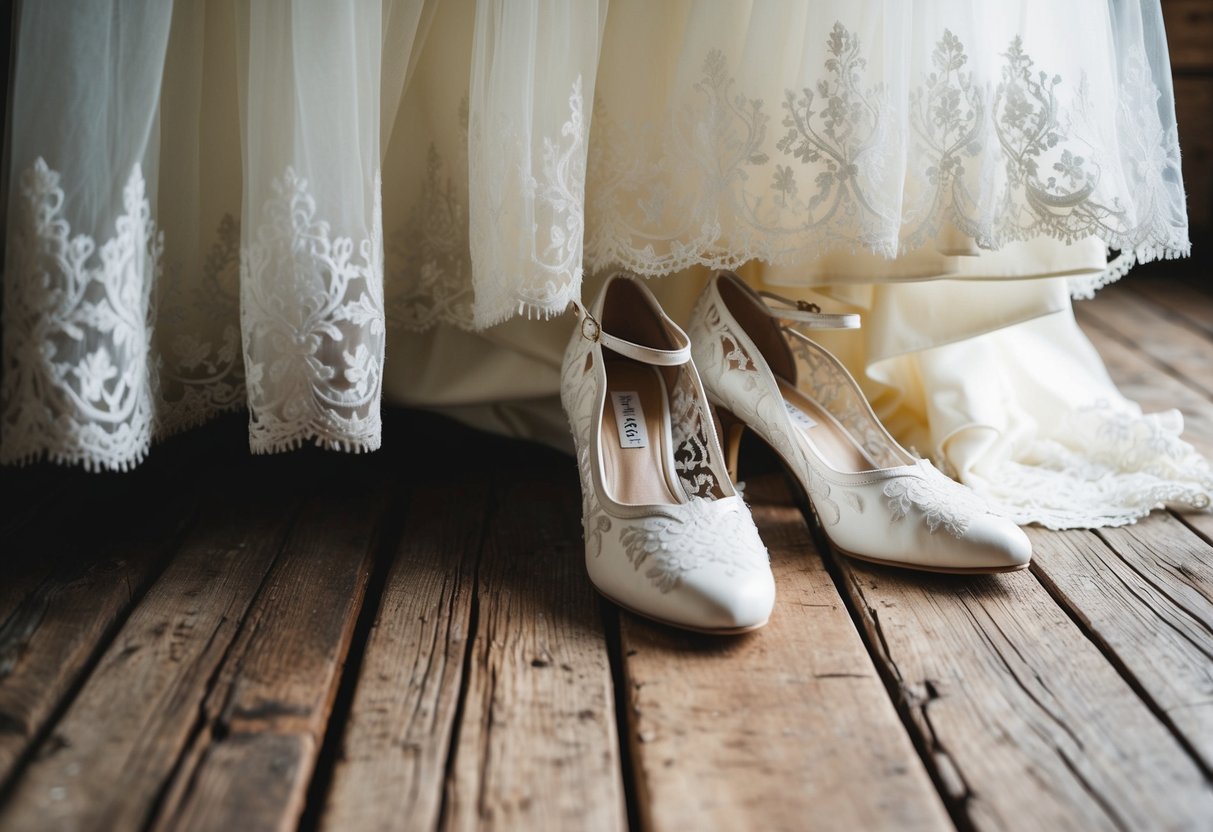 A bride's white lace wedding dress and matching shoes on a rustic wooden floor