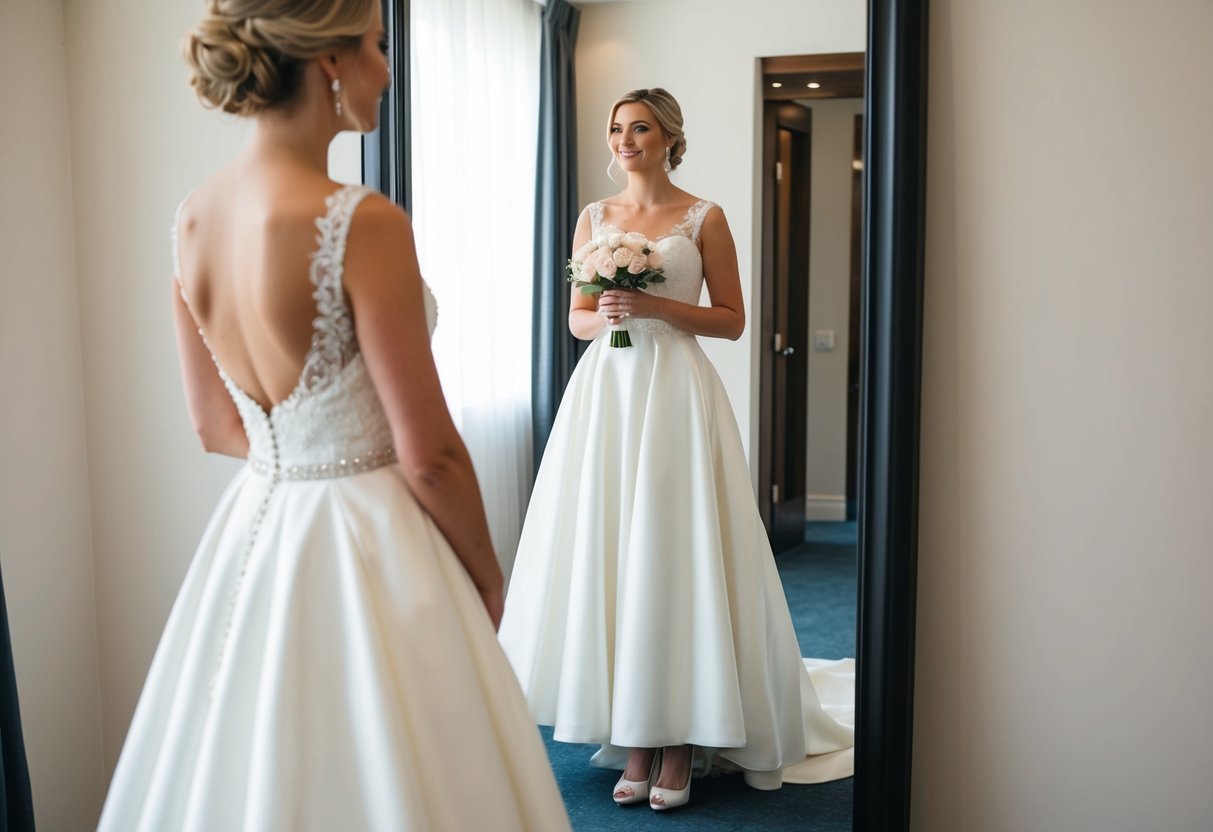 A bride stands in front of a mirror, holding a white wedding dress and a pair of elegant shoes, contemplating the perfect match