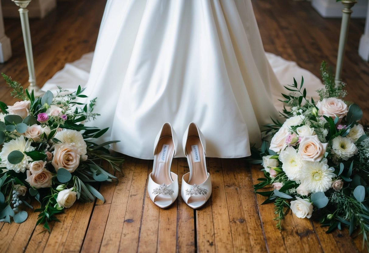 A bride's white wedding dress with matching shoes displayed on a vintage wooden floor, surrounded by floral arrangements and elegant decor