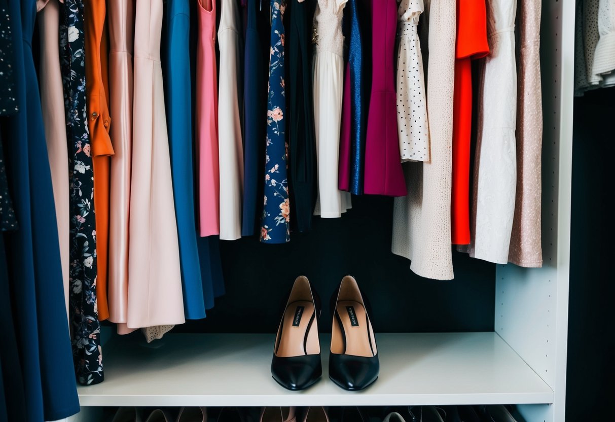 A closet shelf with a variety of dresses and a pair of versatile black shoes