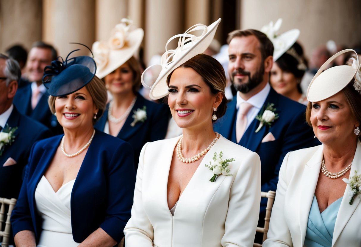 A wedding scene with guests wearing elegant attire, some with hats or fascinators