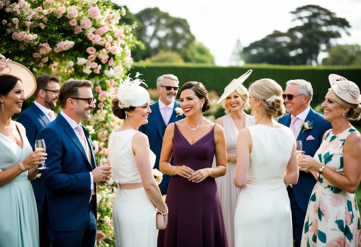 A group of elegantly dressed wedding guests, some wearing hats or fascinators, chatting and laughing in a beautiful, flower-filled garden setting