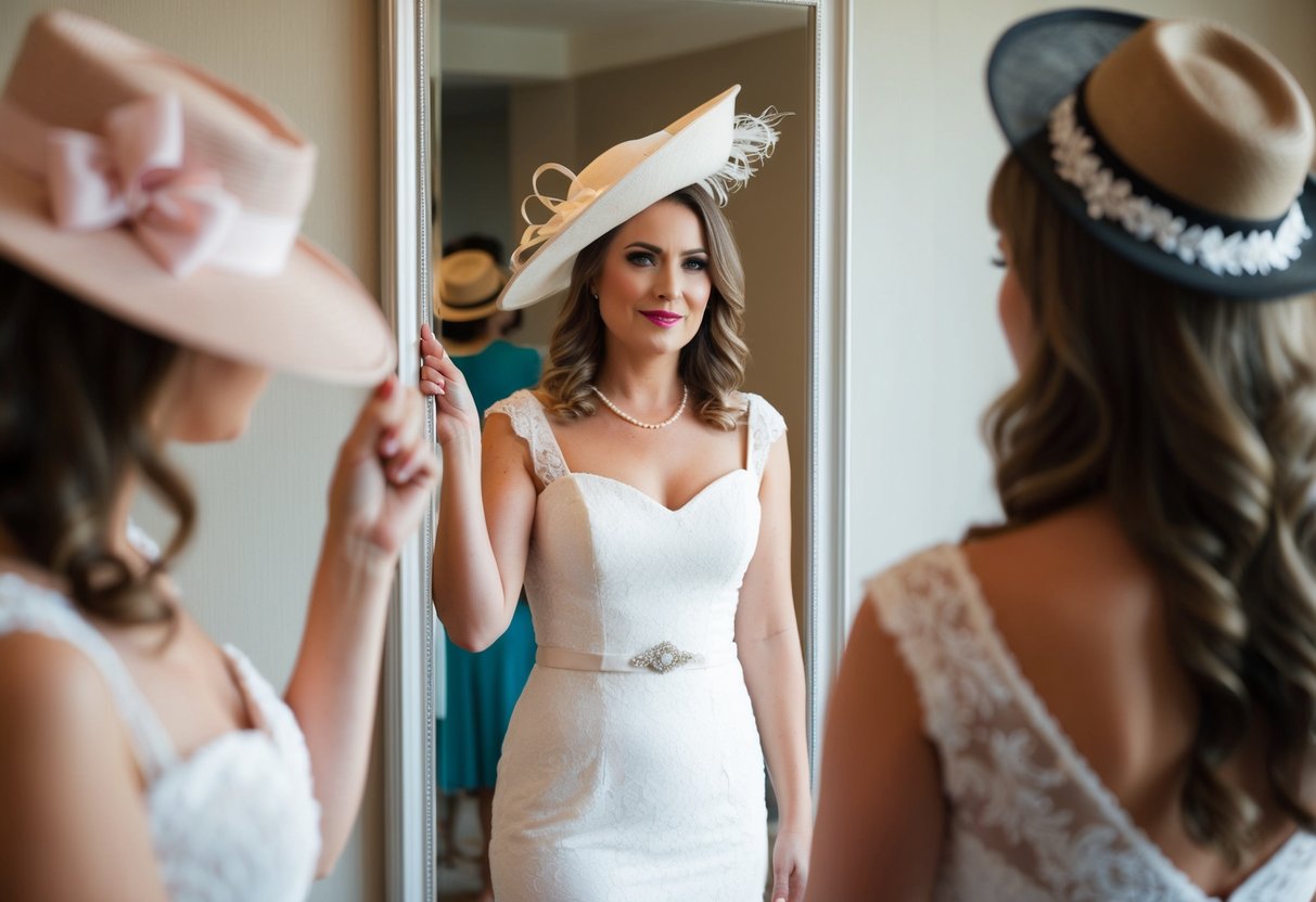 A woman holds a hat in one hand and a fascinator in the other, standing in front of a mirror, trying to decide which headpiece to wear to a wedding