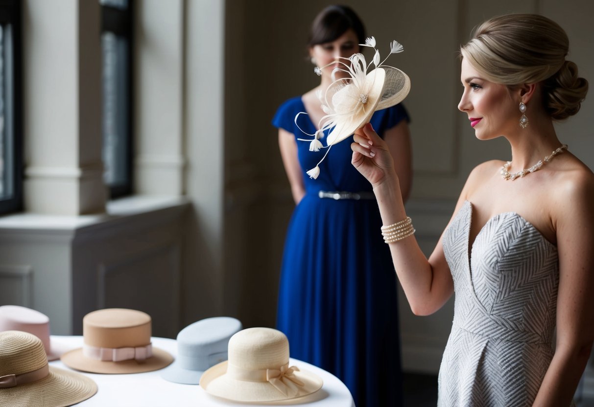 A woman in a stylish dress holds a delicate fascinator in one hand, while a selection of elegant hats sits on a table nearby