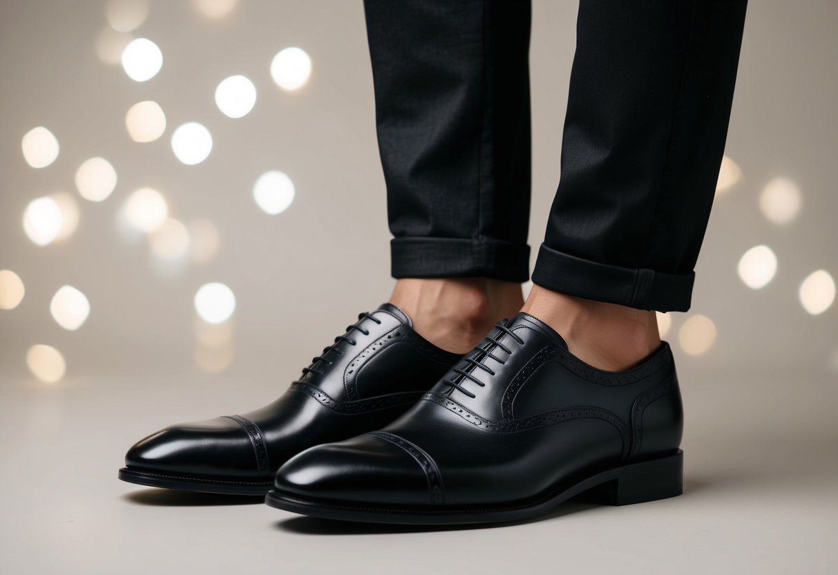 A pair of sleek black leather shoes with intricate stitching and polished details, set against a neutral background