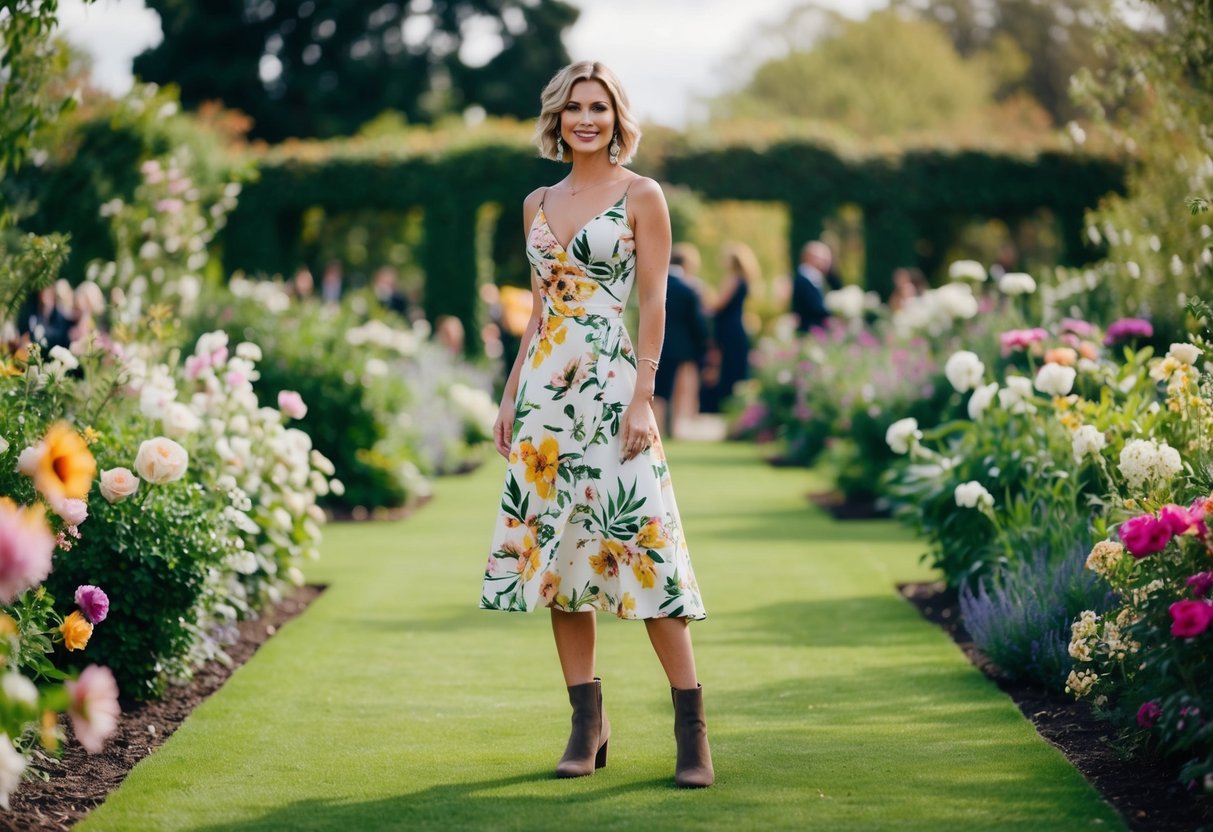 A woman in a floral dress and ankle boots stands in a garden at a wedding, surrounded by blooming flowers and greenery