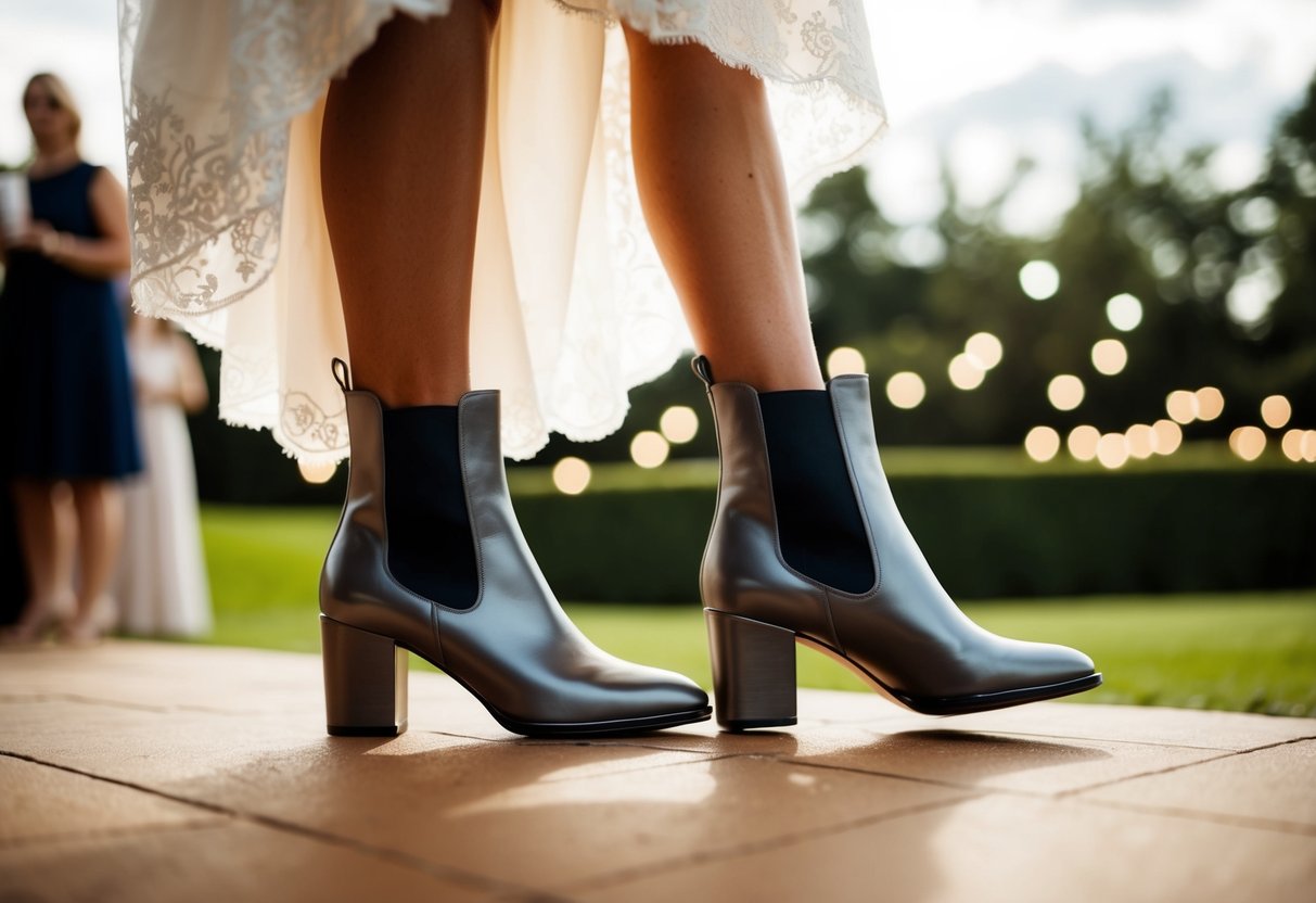 A woman's ankle boots paired with a dress at a wedding