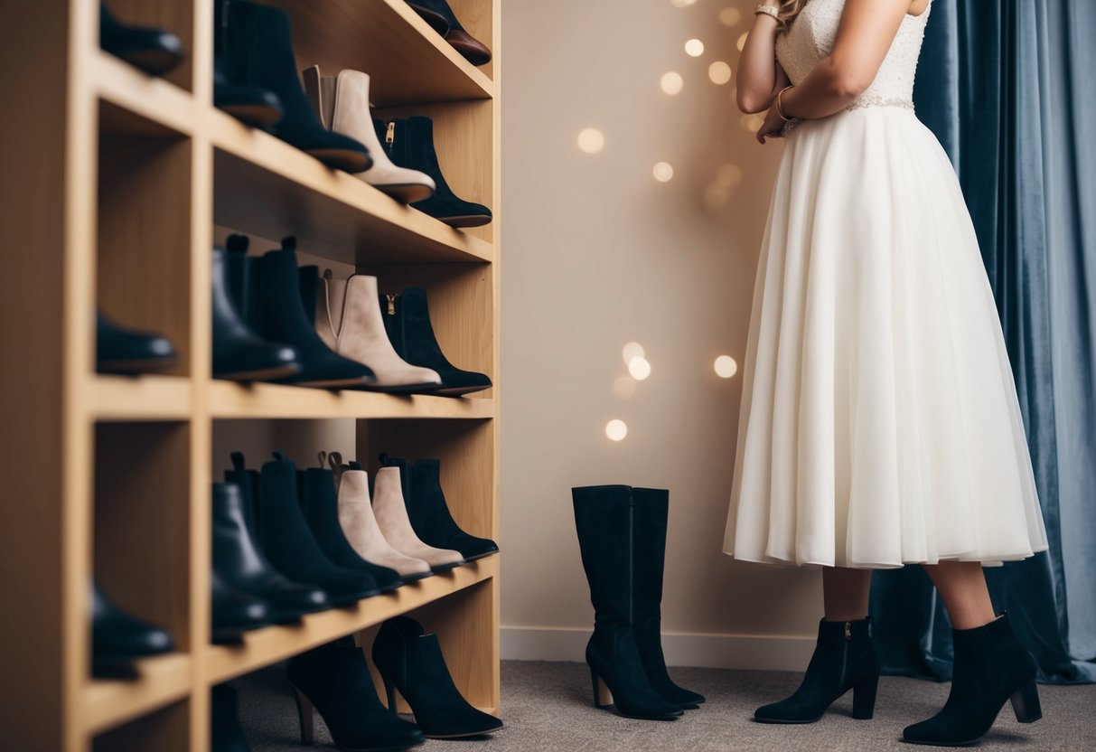 A woman in a dress stands in front of a rack of ankle boots, pondering her choice for a wedding