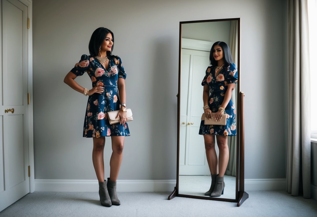 A woman standing in front of a full-length mirror, wearing a floral dress and ankle boots, carefully accessorizing with jewelry and a clutch