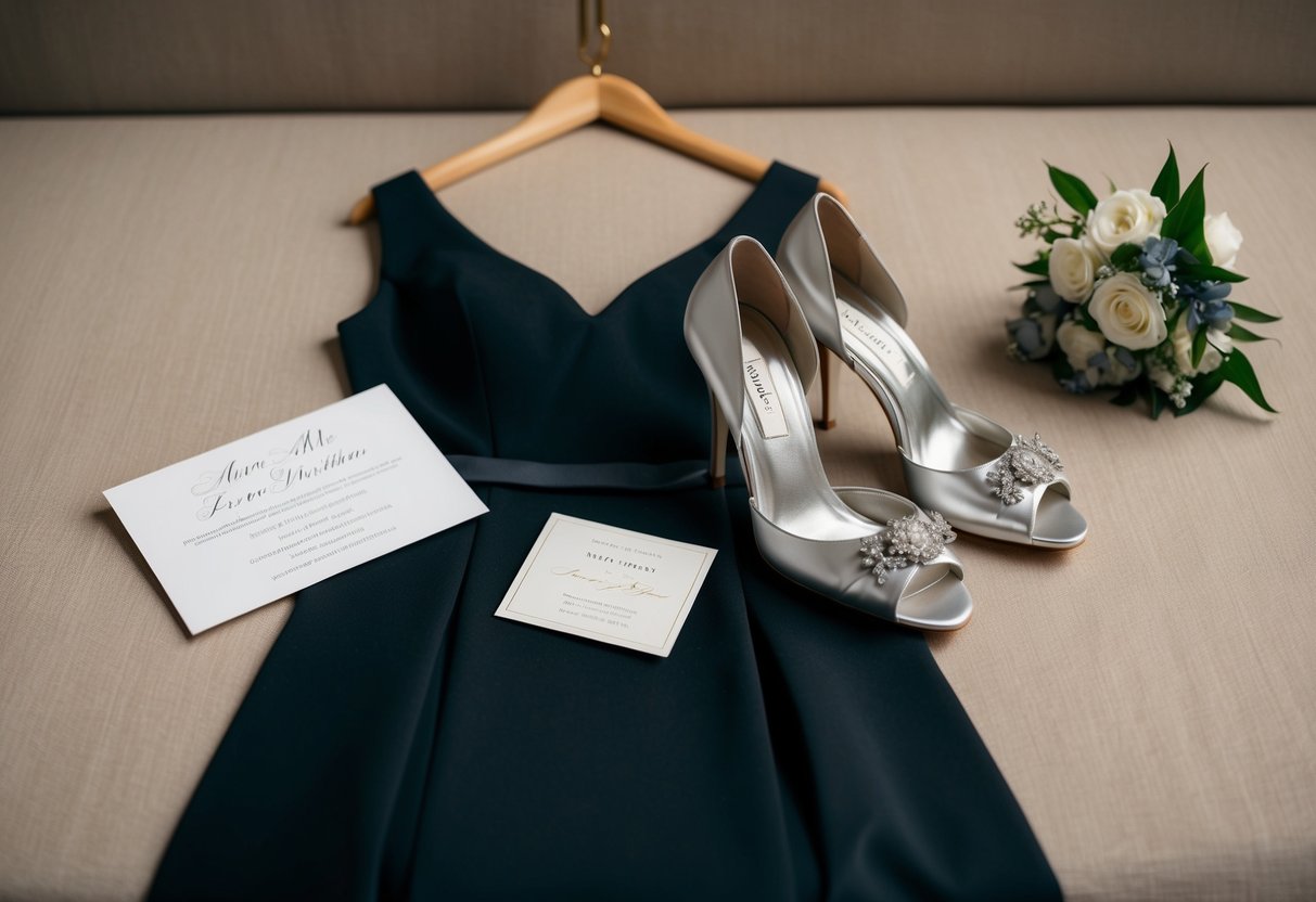 A black dress with a pair of elegant, silver high-heeled shoes, sitting next to a wedding invitation and a small bouquet of flowers
