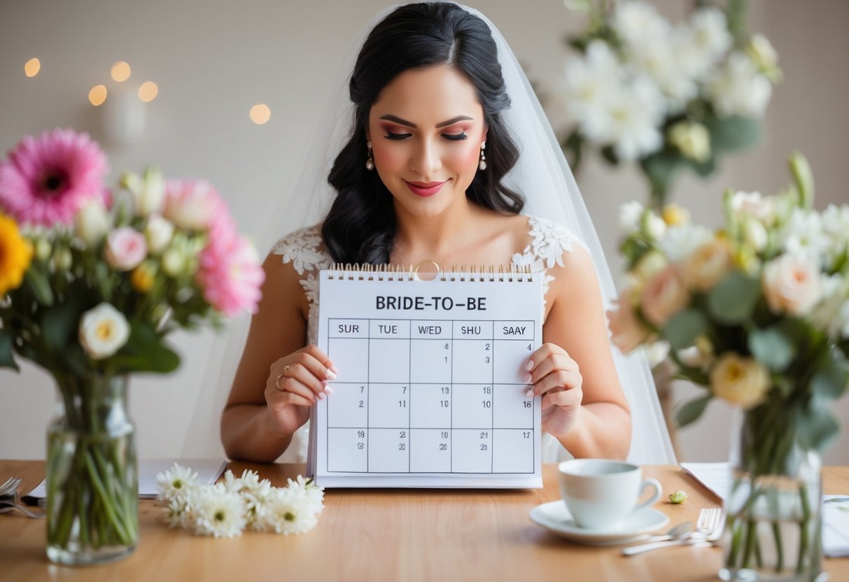 A bride-to-be holding a calendar, surrounded by flowers and wedding decor, pondering when to buy her dress