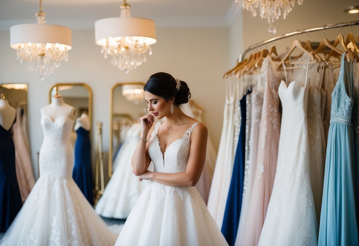 A bride-to-be browsing through wedding dresses in a boutique, surrounded by elegant gowns and mirrors, with a thoughtful expression on her face