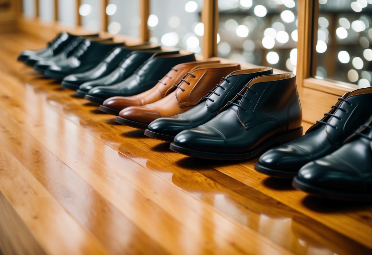 A row of black and brown shoes neatly arranged on a polished wooden floor