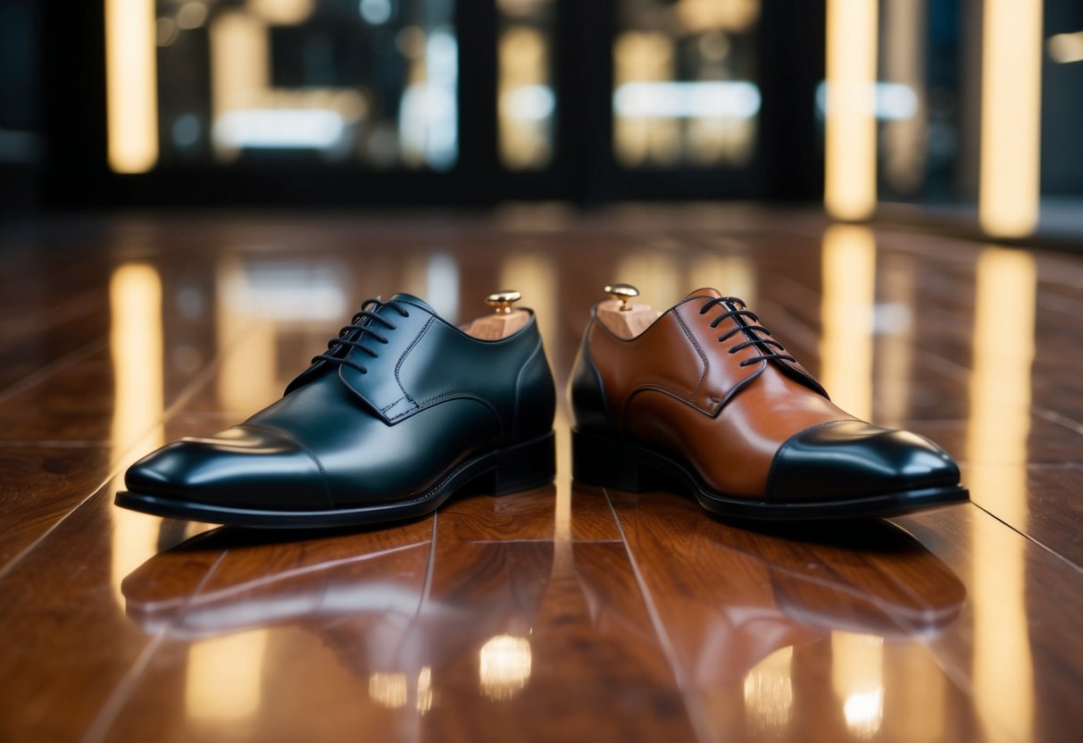 A pair of black and brown dress shoes side by side on a polished wooden floor, with a sleek and sophisticated atmosphere