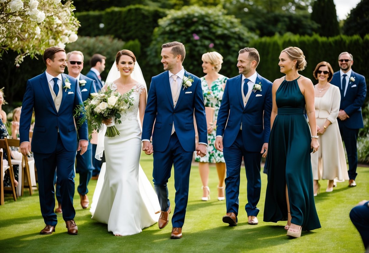 A garden wedding with a bride and groom, guests in formal attire, and a woman wearing wedges